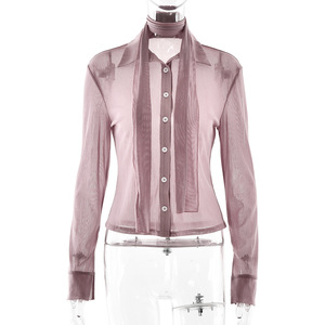 Blusa de fiesta para mujer de malla transparente con manga larga, botones frontales, ajuste holgado, cuello vuelto y estilo moderno - Product Image 5