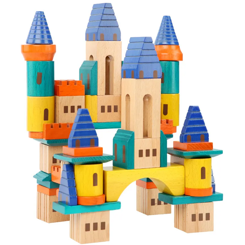 Grosir ramah lingkungan kayu solid 69 buah blok bangunan istana anak-anak blok bangunan tumpukan mainan kotak hadiah