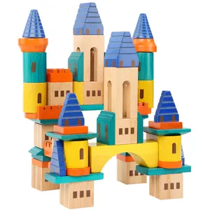 Wholesale Environmentally friendly solid wood 69 pieces castle building blocks children's pile building blocks gift box toys