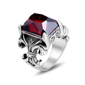 <b>Titanium</b> Steel Floral <b>Ring</b> With Red Rhinestone Bezel Setting Unisex Fashion Jewelry Gift SA647 - Product Image 1