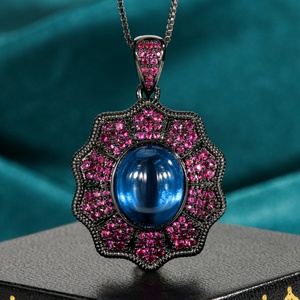 Ensemble de bijoux de mariée en cuivre écologique plaqué or noir, avec zircone cubique rouge 10*12mm, collier et bague pour mariage, vente en gros - Product Image 5