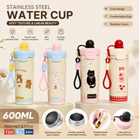 Botol Air Vakum Isolasi Kartun Lucu dengan Tali, Termos Anak, Botol Minum Sekolah Portabel, Logo Custom OEM Grosir