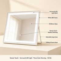 Miroir de maquillage rond en cristal blanc avec lumières LED 40 cm, 3 modes de couleur, variateur d'intensité, capteur tactile, rotation à 360°