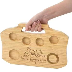 Bamboo wine glass holder, whiskey compartment <b>storage</b> <b>tray</b>, bamboo and wood <b>tray</b> with handle, salt dipping dish, bar/party wine - Product Image 3