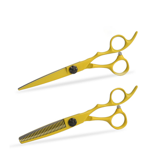 Ciseaux de coiffure professionnels personnalisables jaunes à lame arrondie en acier inoxydable, design élégant avec logo - Product Image 3