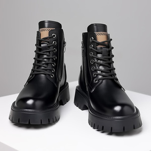 Botas de Trabajo para Hombre, Estilo Británico Retro, con Cordones y Cremallera, de Cuero Sintético Antideslizante y Duradero, con Suela Gruesa y Forro de Piel - Product Image 3