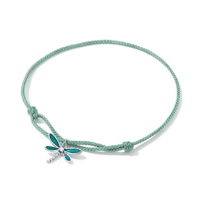 925 Sterling Silver Women Adjustable Enamel Dragonfly Charm Jewelry Green Braided Rope Bracelet