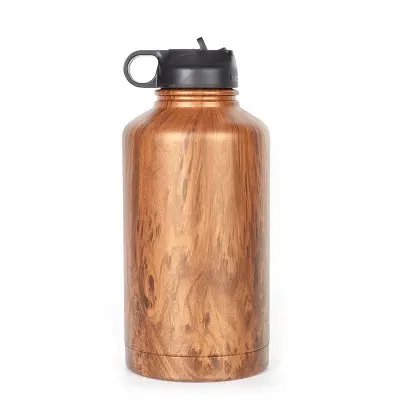 DWELLS Premium 2L(64OZ) Wood Flask Finish Stainless Steel Vacuum Insulated, Double Wall and Wide Mouth Design for Hot and Cold