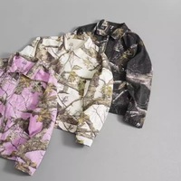 Blouson Bomber à Motif Feuille d'Érable Tricolore, Mode Printemps, Style Lavé Noir Rose Blanc, Fermeture Éclair en Coton