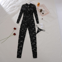 Bodystocking sexy à manches longues en dentelle avec col montant, dos ouvert, motif floral et string séparé – Lingerie sexy pour femme – Vente en gros