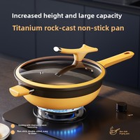 Wajan Besi Dua Warna Hitam-Emas Kustom, Wajan Penggorengan Anti Lengket Keramik Titanium dengan Tutup Kaca untuk Semua Kompor Universal