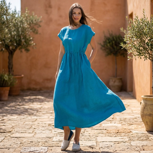 V-Neck 100% Cotton <b>Bell</b> Sleeve High-Waisted A-Line Midi <b>Dress</b> Bow Decoration Side Pockets Breathable Handmade Fabric-Vintage - Product Image 3