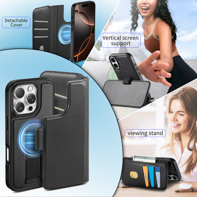 Detachable Magnetic Wallet Case for iPhone 17 16 15 14 Pro Max Split Design Leather Shell with Dual Mode Stand Protective Cover