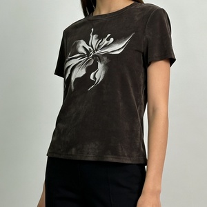 T-<span class=keywords><strong>shirt</strong></span> à manches courtes pour femme, gris foncé, style vintage, imprimé floral, décontracté, été - Product Image 4