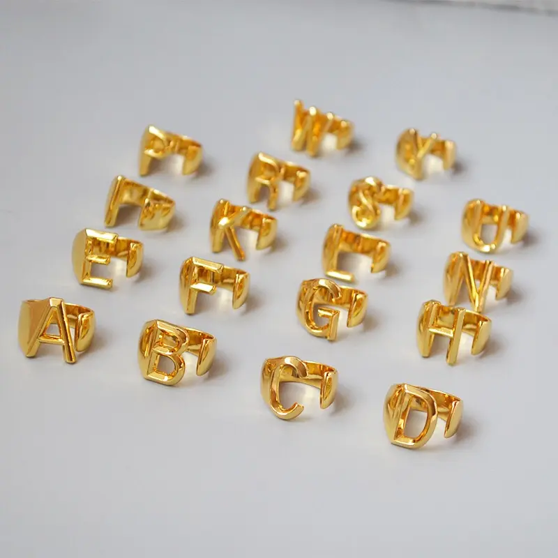 אישית זהב מודגש ראשוני מכתב 26 אלפבית מכתב A-Z פתוח טבעת מתכוונן נשים הצהרת טבעות חותם טבעת 18K זהב pla
