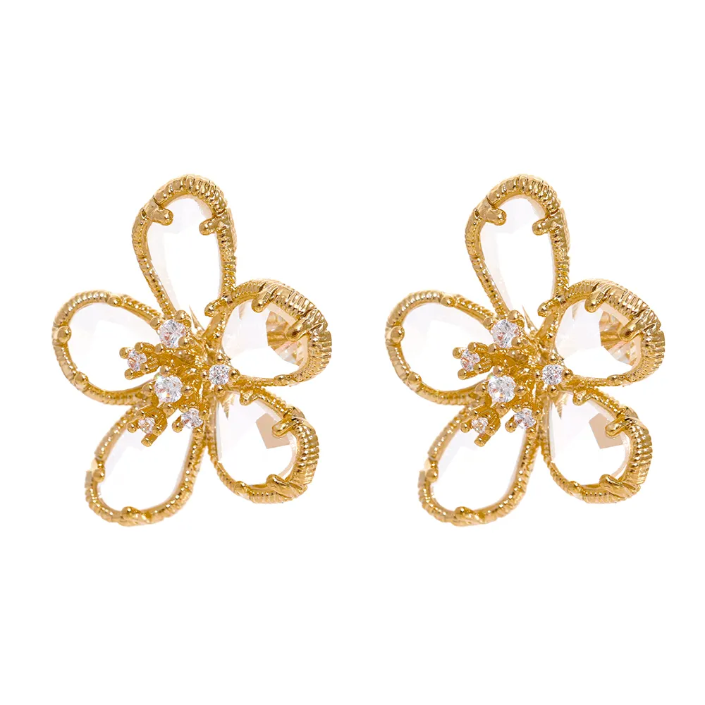 JINYOU 2204 Luxury Cubic Zircon Flower Korean Big Stud Earrings for Women Bling Charm Transparent 14K Gold Plated Copper Jewelry