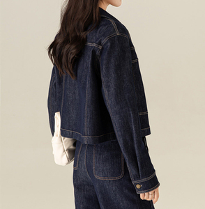 Ensemble deux pièces en jean pour <span class=keywords><strong>femme</strong></span> : veste courte et pantalon large, indigo foncé – Tenue décontractée coordonnée – Vêtements en gros - Product Image 3