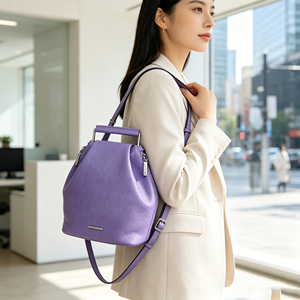 Elegant Ladies Purple Bucket Handbag Pebbled Grain Texture Metal Top‑handle Adjustable Detachable <b>Strap</b> Casual <b>Shoulder</b> <b>Bag</b> - Product Image 4
