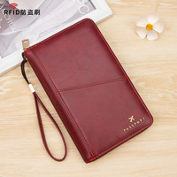 Pochette de voyage multifonctionnelle en PU avec fermeture éclair longue, pour billets d'avion et documents, avec protection RFID