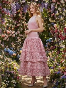 Vestido <span class=keywords><strong>Rosa</strong></span> Sexy con Tirantes y Hombros Descubiertos, Encaje Tridimensional con Rosas, Estilo Francés, Moda Ramadán 2026, Siete Colores - Product Image 3