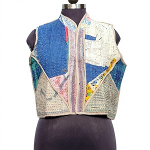 New Arrival Indian Handmade Knitted Cotton Patchwork Multicolor <b>Kantha</b> Vintage Short Breathable Eco-Friendly Button Women's Vest - Product Image 1
