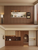 Buffet moderne traditionnel avec étagères de rangement, tiroirs et paniers pour salle à manger et cave à vin