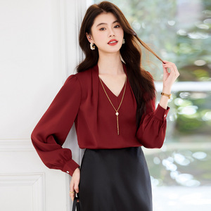 Yellow V-Neck Chiffon Shirt With Wrap Detail Office Wear Women's Blouse Long Sleeve Solid Color Polyester Top - Product Image 2