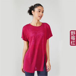 Round <b>Neck</b> Breathable Four-Way Stretch Fitness T-Shirts Workout Short Sleeve Yoga Shirt Solid Color Women Polyester/Cotton - Product Image 6