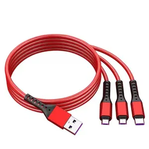 3 ב 1 66w 5a טעינה מהירה סופר USB כבלים קלוע 1.2 מ 'סוג c מיקרו USB מהיר מטען טלפון נייד