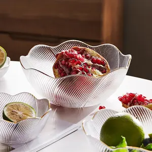 Modern Flower Shape Dinnerware Set of 3 Gold Rimmed Charger Plate Dessert Fruit Salad Mixing glass Bowl for Hotel Kitchen Use