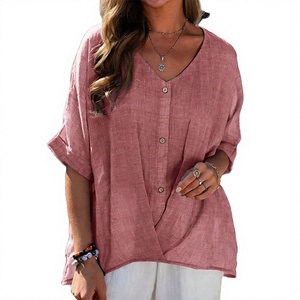 Women <b>Linen</b> V-neck Short Sleeve Blouse Solid Color Button Loose Fit Casual <b>Top</b> Spring Summer Breathable Woven Fabric - Product Image 3