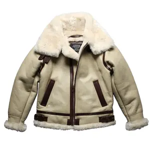 Hot Selling Custom Cool Style Men's RAF Flight Aviator Fur Shearling Real Sheepskin B-3 Bomber Leather Jacket White