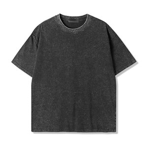 เสื้อยืดโอเวอร์ไซส์สีดำฟอกกรด ทรงหลวม ไหล่ตก แต่งดีเทลขาดๆ แบบเรียบง่าย เสื้อยืดผู้ชาย ผ้าคอตตอนเนื้อหนา ทรงพอดีตัว - Product Image 1