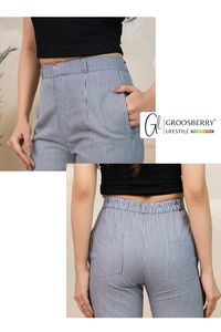 Pantalon large rayé taille haute pour femme, décontracté en coton, style palazzo, confortable, tendance - Product Image 2