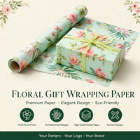 Papier d'emballage cadeau floral vert menthe roses roses feuilles tropicales en pâte de bois non couchée de qualité supérieure écologique design personnalisé mariages