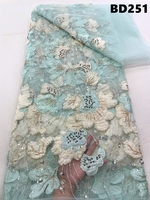 Tissu en dentelle perlée florale 3D bleu clair, dentelle brodée en tulle pour robe de mariée ou de soirée au Ghana