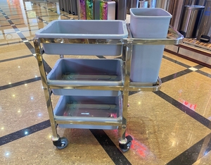 होटल और रेस्तरां स्टेनलेस स्टील चांदी + ग्रे गंदे पकवान प्लास्टिक ट्रे और बाल्टी के साथ ट्रॉली इकट्ठा - Product Image 1