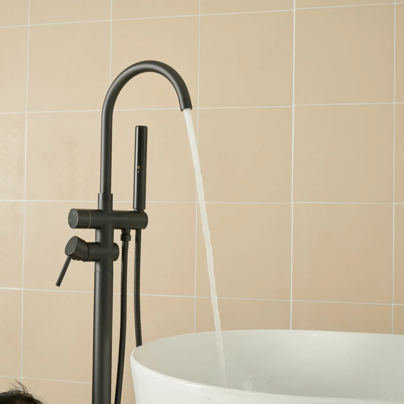 Brass Bathtub Floor Stand Faucet Matte Black Mixer Taps Bath Shower Set