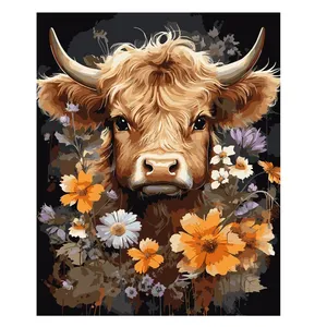 DIY Paint By ตัวเลข ชุด เหมาะสําหรับผู้ใหญ่เริ่มต้น ผ้าใบ Highland Cow ดอกไม้สีขนาดใหญ่