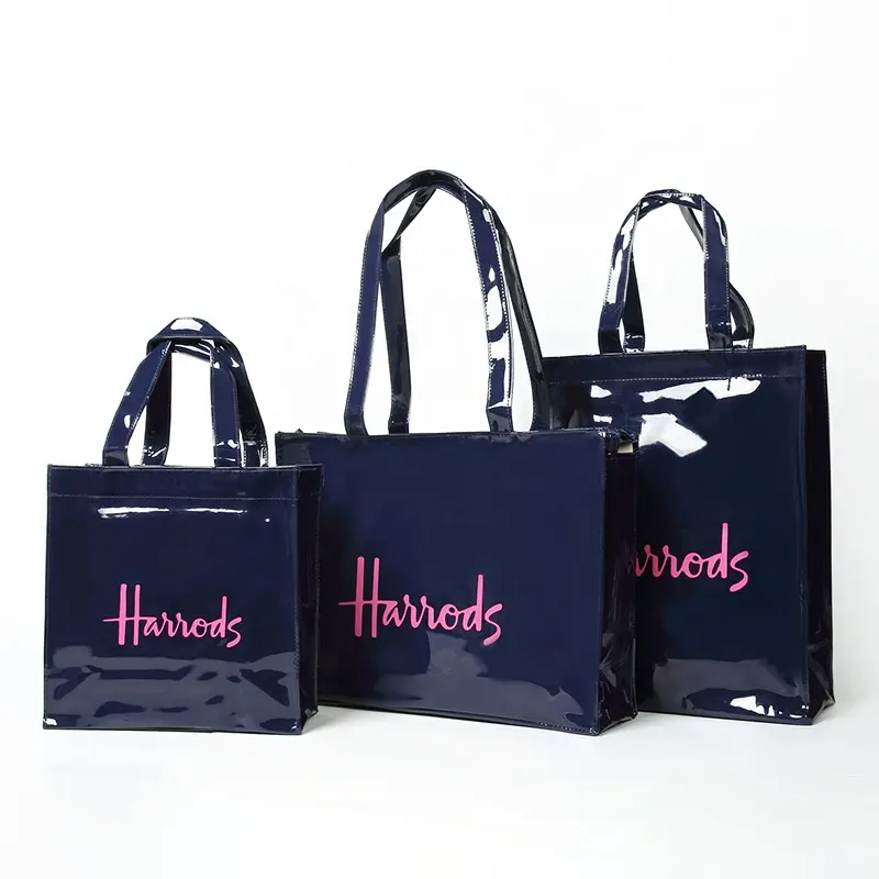 Custom fashionable print design glossy mirror tote handle shopping bag with logo waterproof PVC harrods tote bag