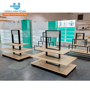 Tùy chỉnh kim loại bằng gỗ Gondola Kệ hai mặt siêu thị Kệ siêu thị quảng cáo Kệ hiển thị với LED - Product Image 1