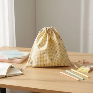 Yellow Checkered Floral Cotton Drawstring Bag Fresh Minimalist Instagram-worthy Storage Bag for Travel Organizing Small Items - Product Image 1