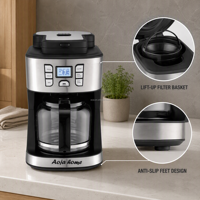 Mesin Kopi Elektrik 2-in-1 Baru, Giling & Seduh, 12 Cangkir, Timer 24 Jam Terprogram, Untuk Rumah Tangga & Hotel, 950W, Tersedia Multi Colokan