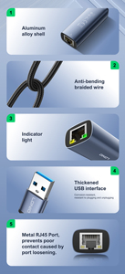 Adaptateur HUB Internet Filaire Gigabit LDNIO RJ-01U USB-A vers <span class=keywords><strong>RJ45</strong></span> pour Jeux en Ligne et Bureau, Câble Tressé Anti-Pliage, Port Métallique - Product Image 3