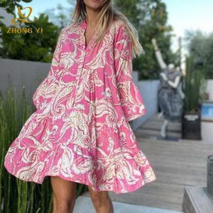 Robes Courtes Vintage Élégantes pour Femmes, Col en V, <span class=keywords><strong>Volants</strong></span>, Manches Longues, Motif Floral, Coupe Ample, Collection 2023 - Product Image 4