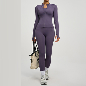 Conjunto Deportivo de Yoga para Mujer, Alta Elasticidad, Cuello Alto, Chaqueta Ajustada, Pantalones de Cintura Alta <span class=keywords><strong>con</strong></span> Efecto Levanta Glúteos, 2 Piezas - Product Image 3