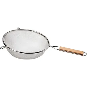 Coladores de metal para cocina, coladores de malla fina de acero inoxidable con mango de madera para alimentos, fideos, frutas y verduras