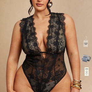 Teddy sexy en dentelle florale transparente à col en <span class=keywords><strong>V</strong></span> profond, sans manches, lingerie de nuit, taille plus, combinaison transparente - Product Image 1