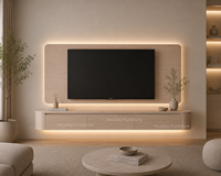 Meuble TV incurvé beige avec portes, style Japandi, unité TV LED, mobilier de salon très vendu, porte à motif 3D personnalisable