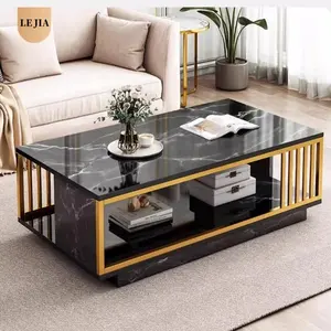 Living Room Furniture Square Rectangular Gold Metal Frame Faux Marble Nesting Coffee Table And End Table Set